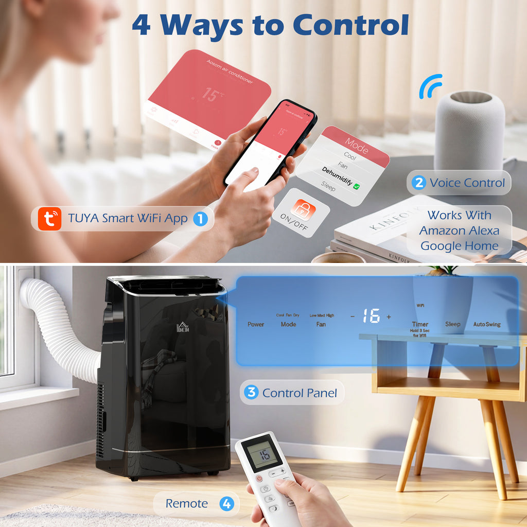 14000 BTU Mobile Air Conditioner, 35m², Smart Home WiFi, with Dehumidifier, Fan, 24H Timer, Window Kit, Black