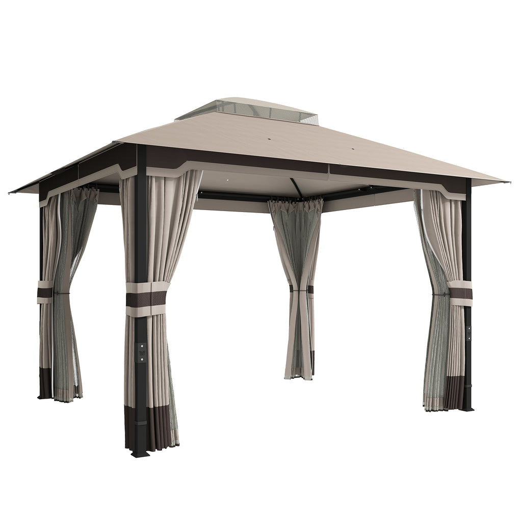 Outsunny 3 x 3.6 m Outdoor Garden Gazebo with Netting and Curtains, Double Roof Patio Gazebo Permanent Pavilion, Khaki