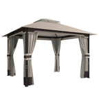 Outsunny 3 x 3.6 m Outdoor Garden Gazebo with Netting and Curtains, Double Roof Patio Gazebo Permanent Pavilion, Khaki