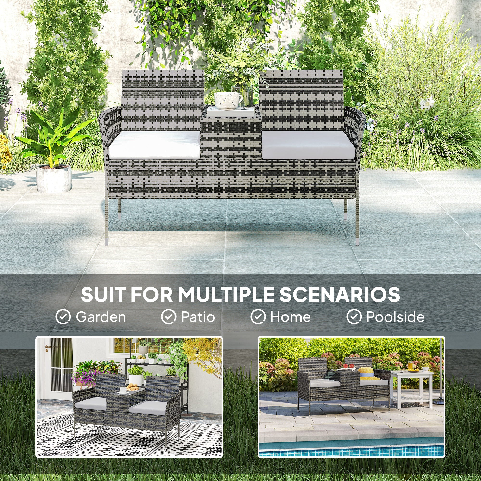 Outsunny Two-Seat Rattan Chair, with Middle Table - Charcoal Grey