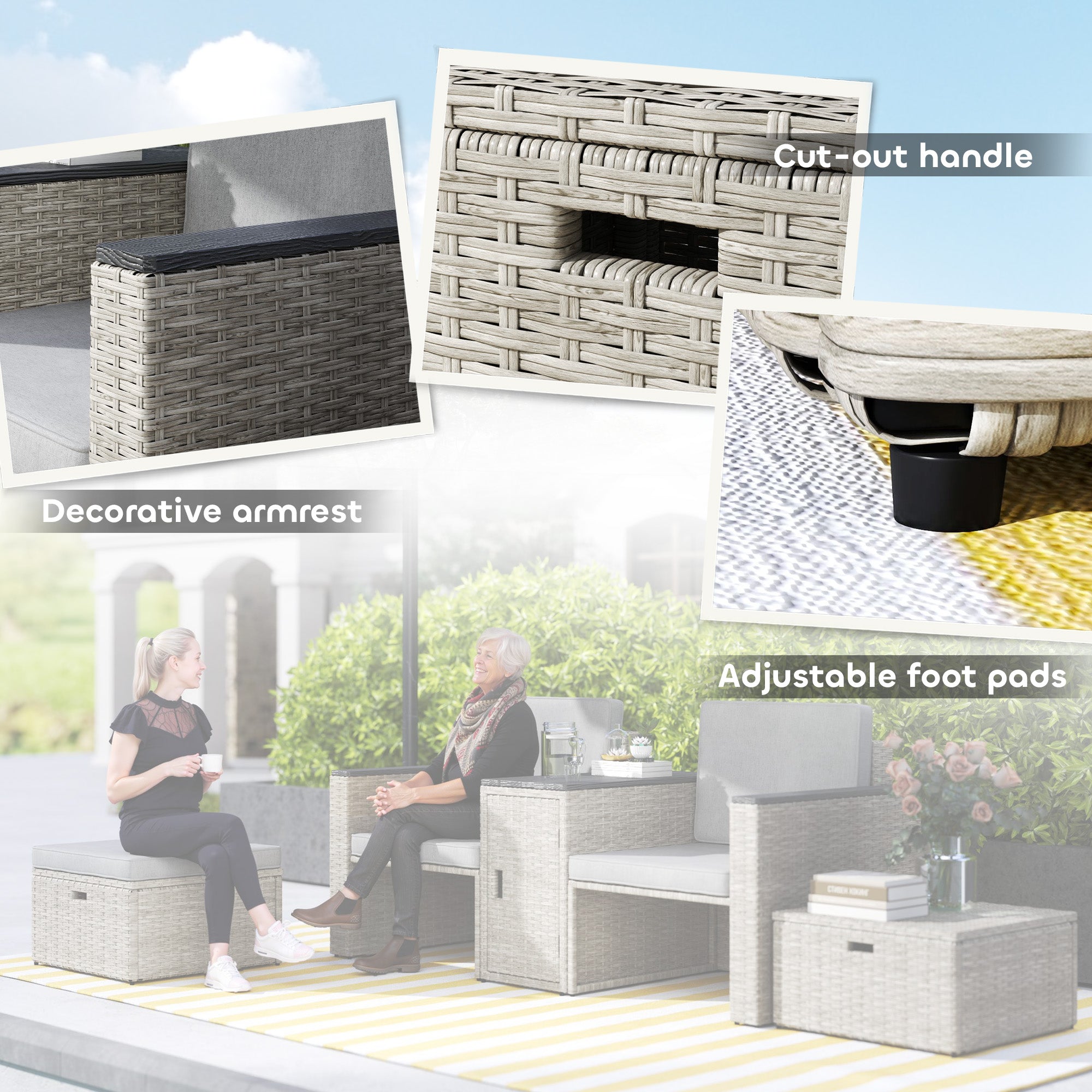Outsunny 5 Piece Rattan Garden Furniture Set with Storage Table, Footstools, Cushions, Grey