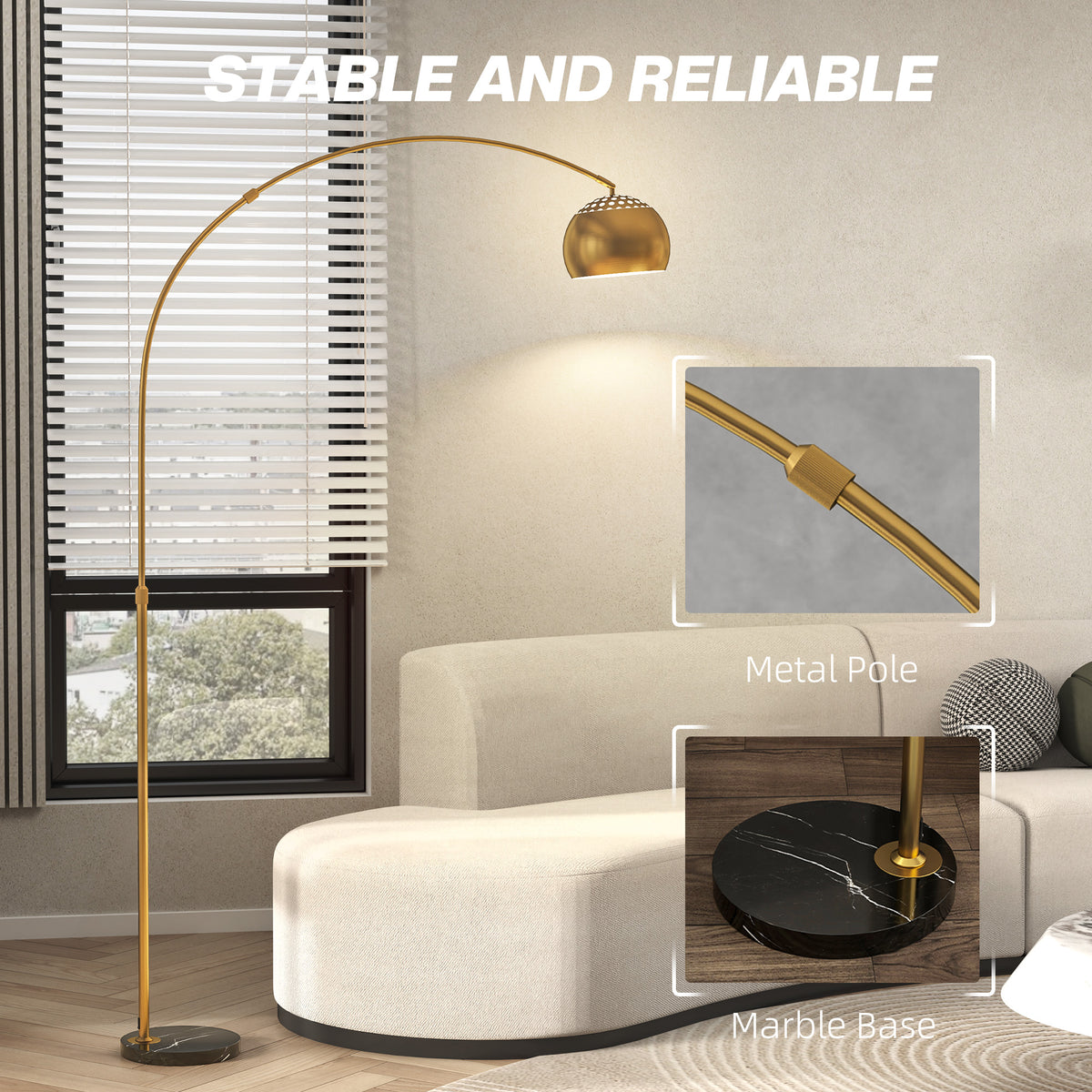 167cm Arc Floor Lamp for Living Room, Modern Adjustable Standing Lamp with Foot Switch, Faux Black Marble Base and Bell Shade for Home Offices, Bedrooms, Gold Tone