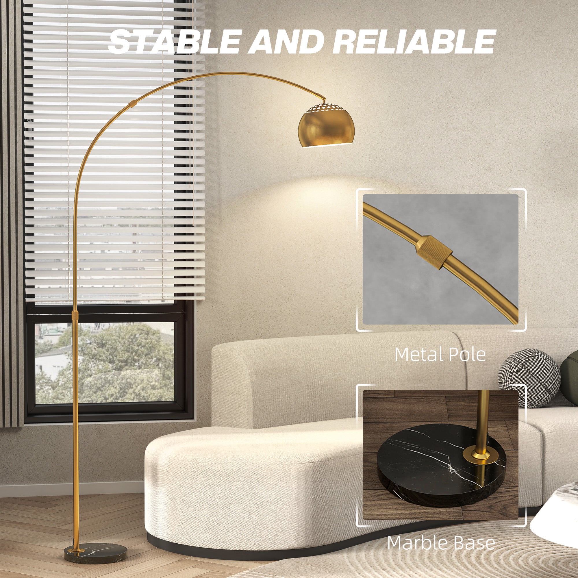 167cm Arc Floor Lamp for Living Room, Modern Adjustable Standing Lamp with Foot Switch, Faux Black Marble Base and Bell Shade for Home Offices, Bedrooms, Gold Tone