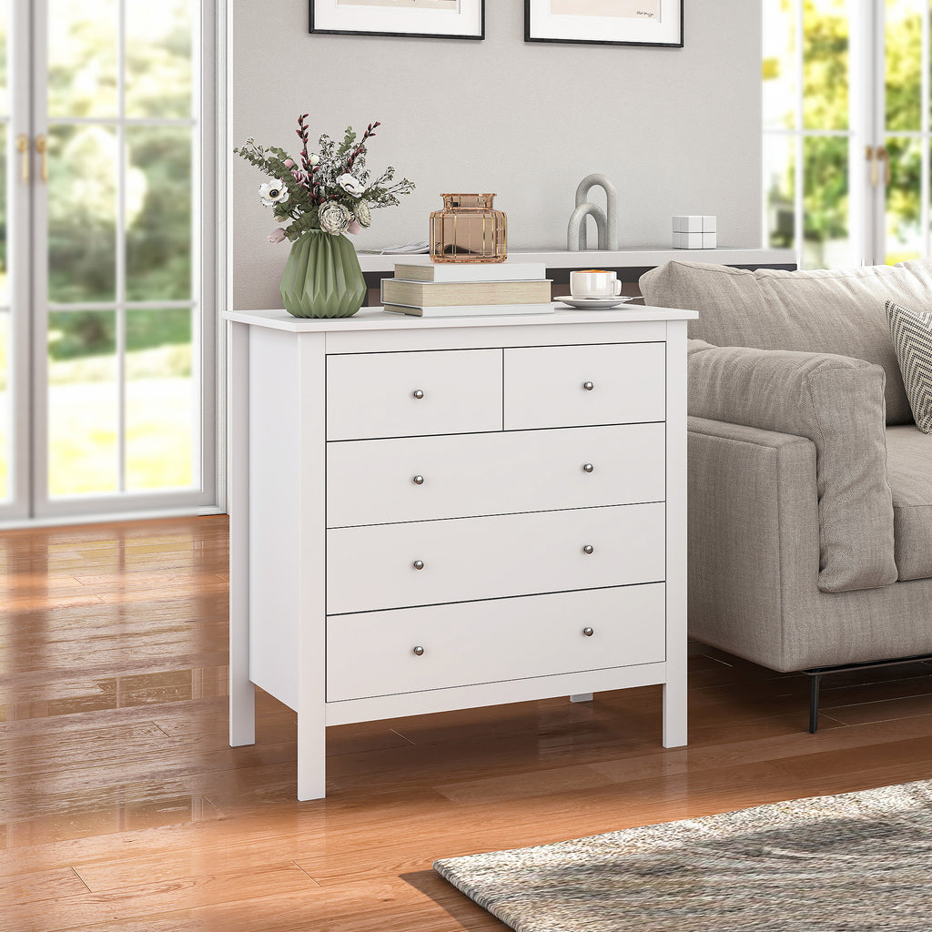 HOMCOM 5 Drawer Chest of Drawers, Modern Dresser for Bedroom, Wide Storage Unit for Living Room, Hallway, Closet, White