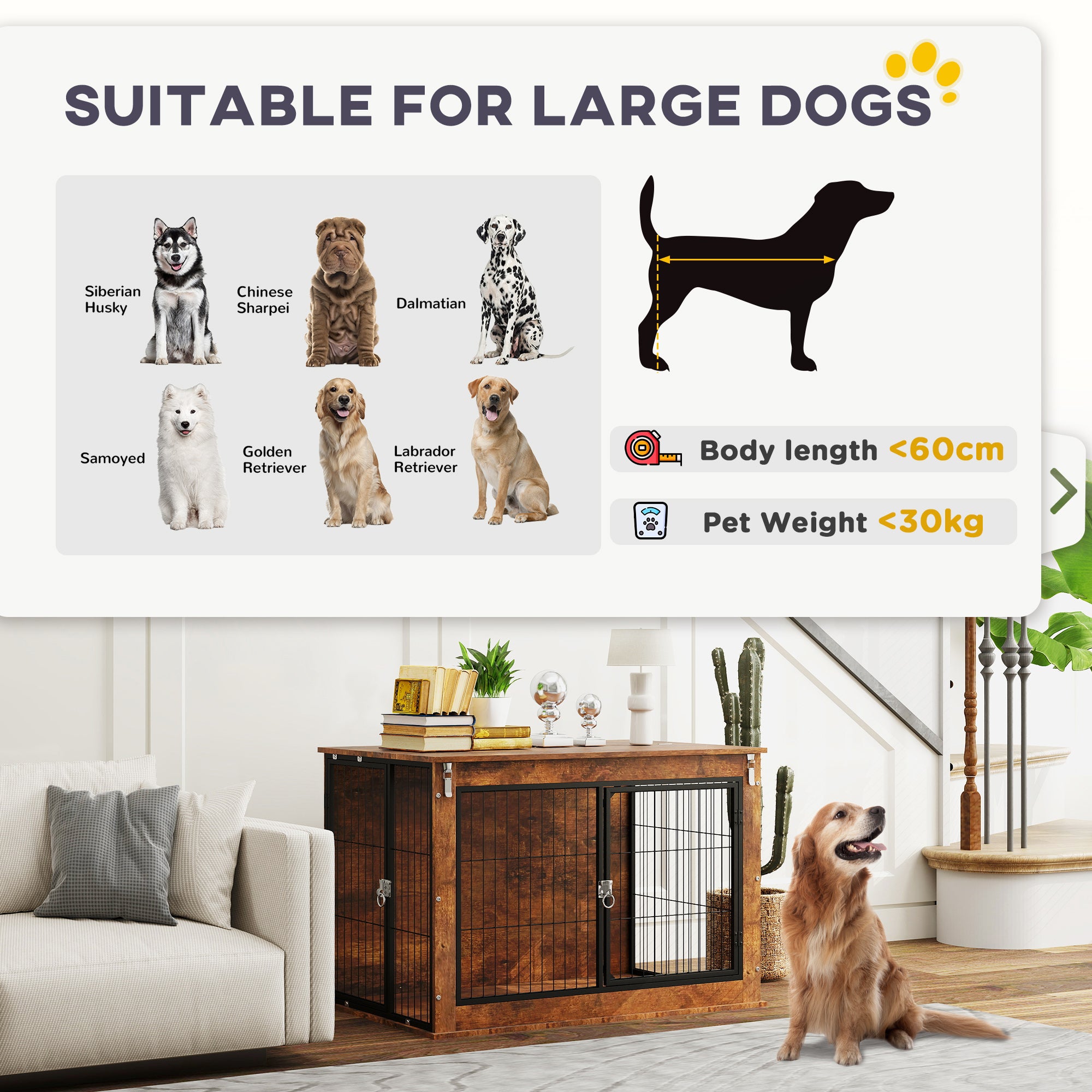 PawHut Dog Crate Furniture with Openable Top, Two Doors, for Large Dogs, Rustic Brown