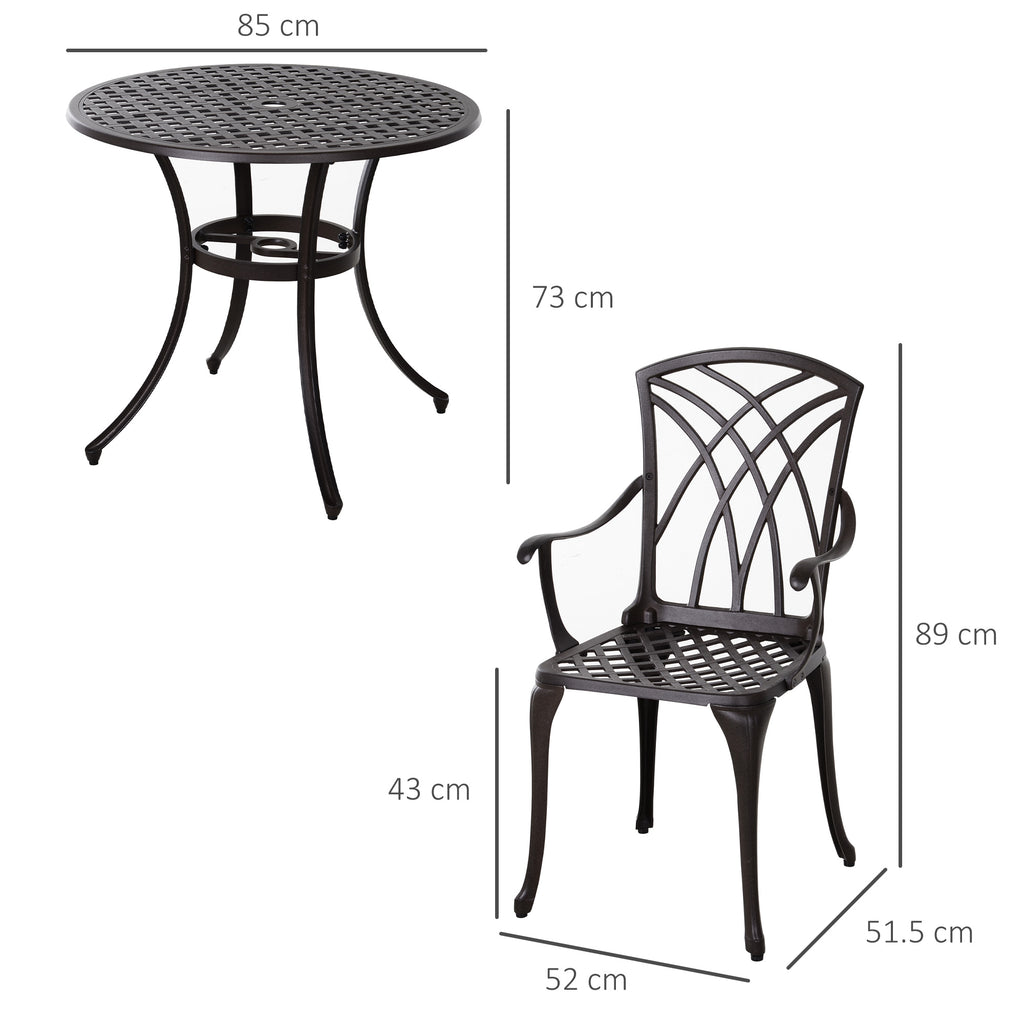 Outsunny 5 Pieces Garden Dining Set for 4, Cast Aluminium Outdoor Dining Set with 4 Armchairs and Round Dining Table with Parasol Hole, Garden Furniture Bistro Set, Brown