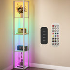 RGB LED Floor Lamp with Shelves, Modern Dimmable Standing Lamp with Remote Control, Adjustable Brightness & Speed for Living Room, Bedroom, Office, Oak