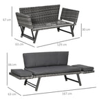 Outsunny 2 Seater Rattan Sofa with Cushions, 2-in-1 PE Rattan Daybed Sofa with Left Up or Down Armrests, Garden Chaise Lounger Loveseat for Outdoor, Patio, Mixed Grey