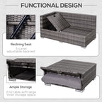 Outsunny 3PC Rattan Garden Furniture Storage Sofa Set, 4 Seater Wicker Coffee Table Conservatory Sun Lounger Reclining Set with Cushion, Grey