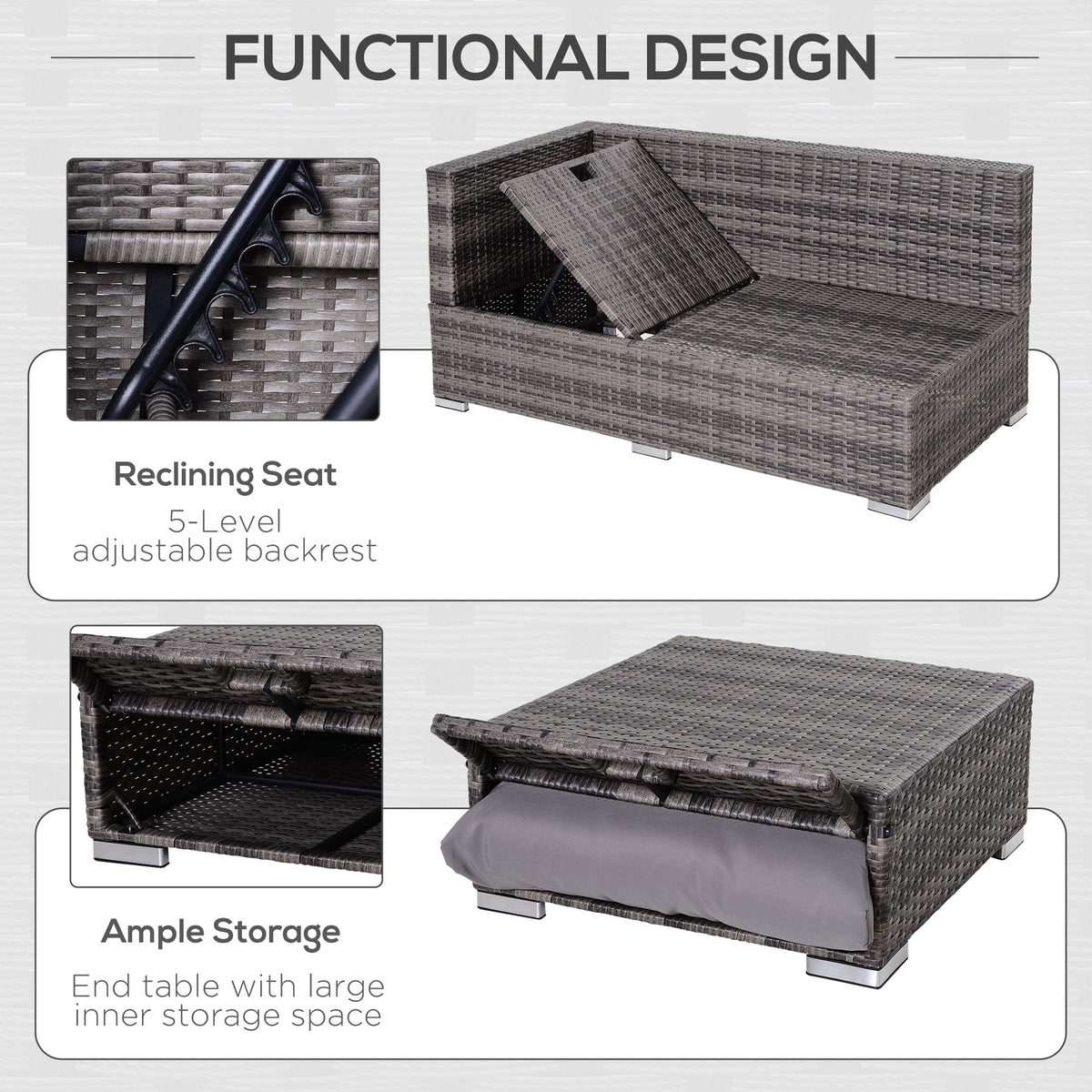 Outsunny 3PC Rattan Garden Furniture Storage Sofa Set, 4 Seater Wicker Coffee Table Conservatory Sun Lounger Reclining Set with Cushion, Grey