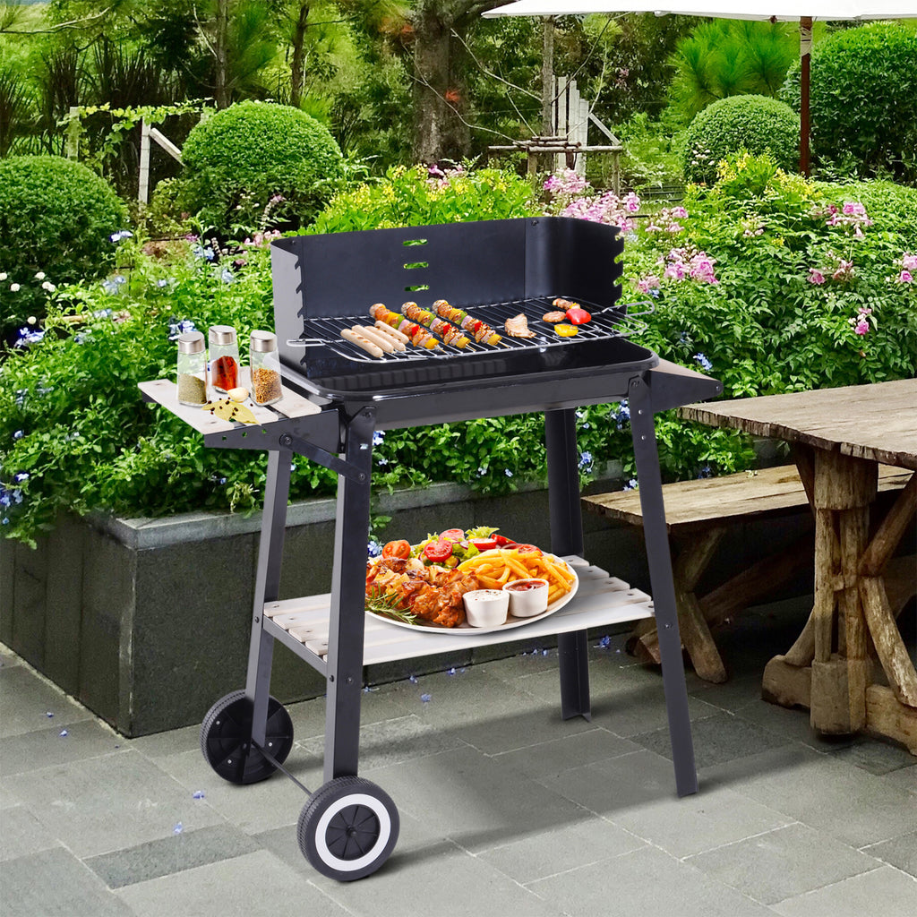 Outsunny Trolley Charcoal BBQ Barbecue Grill Outdoor Patio Garden Heating Smoker with Side Trays Storage Shelf and Wheels
