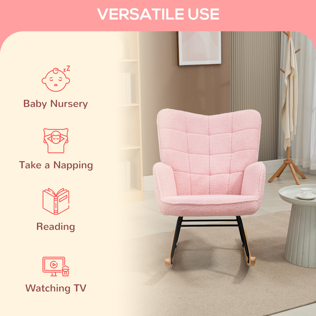 HOMCOM Soft Fleecey Rocking Wingback Chair - Pink