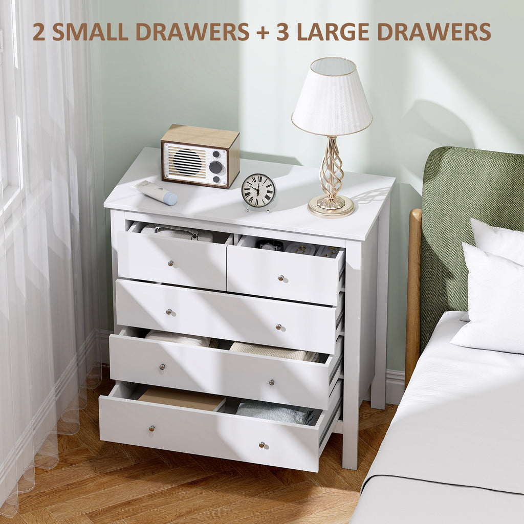 HOMCOM 5 Drawer Chest of Drawers, Modern Dresser for Bedroom, Wide Storage Unit for Living Room, Hallway, Closet, White