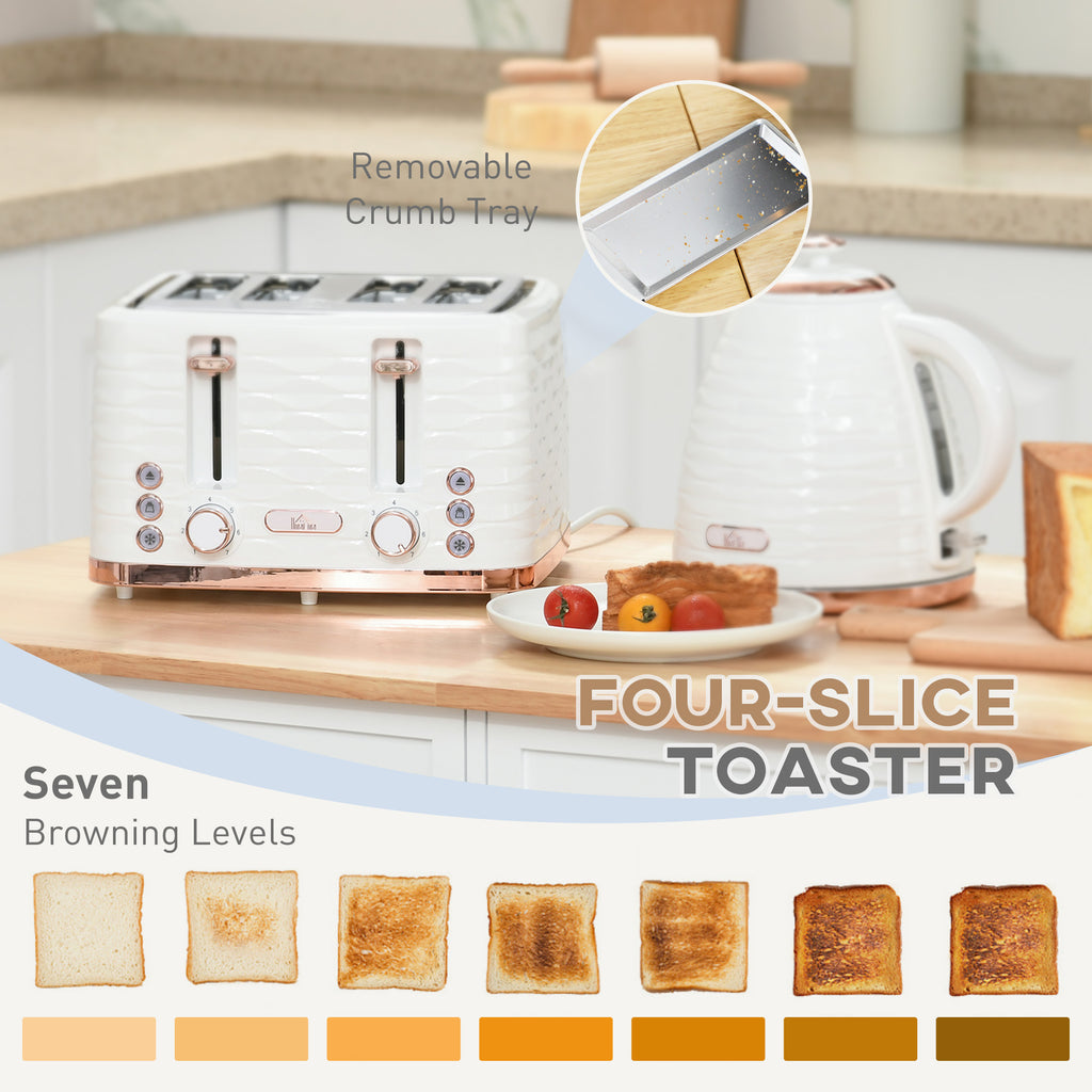 Kettle and Toaster Sets, 3000W 1.7L Rapid Boil Kettle & 4 Slice Toaster with 7 Browning Controls, Defrost, Reheat and Crumb Tray, UK Otter thermostat, Cream White
