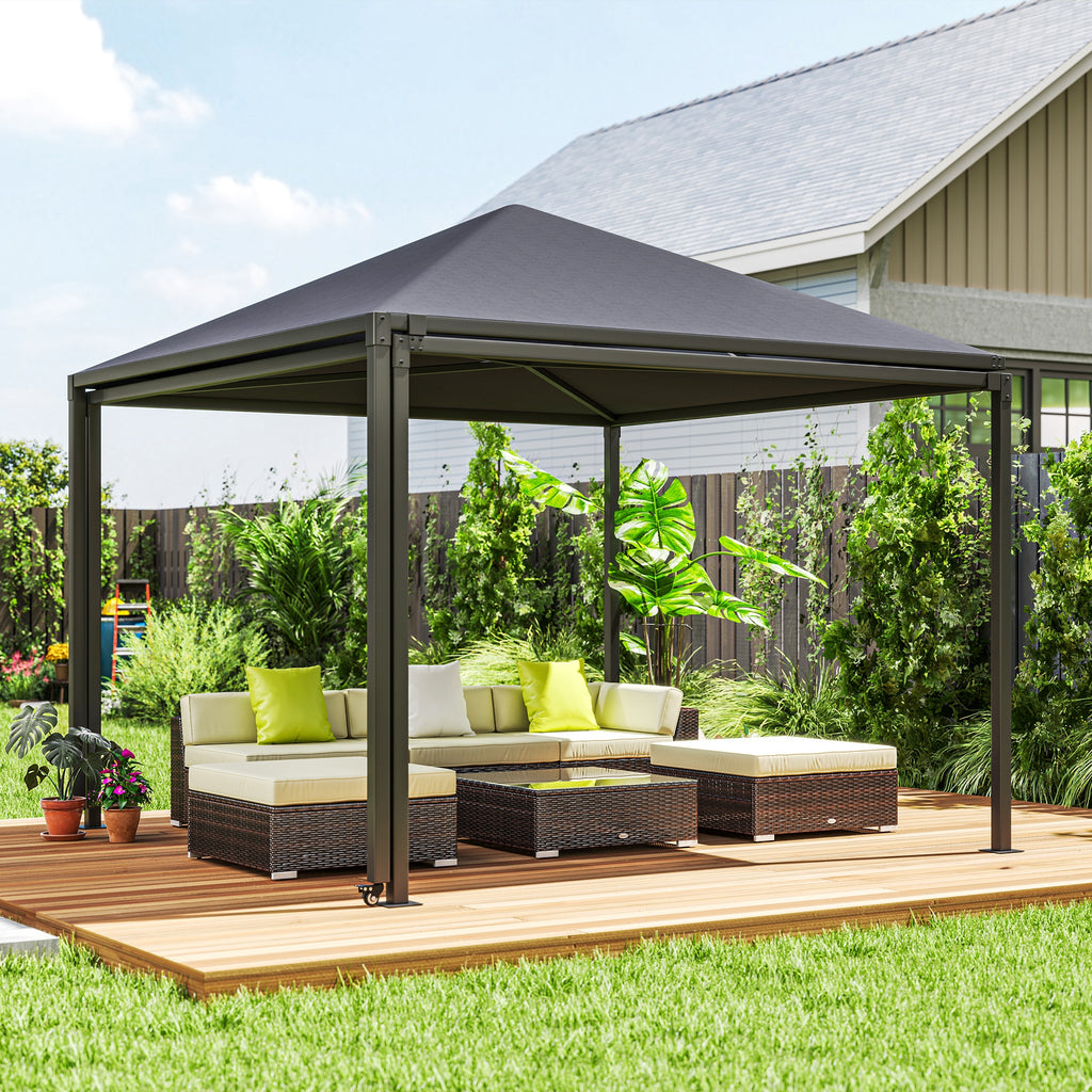 Outsunny 3 x 6m Garden Gazebo with Extendable Awning and Wheels, UPF30+ Metal Gazebo Canopy Shelter for BBQ, Dark Grey
