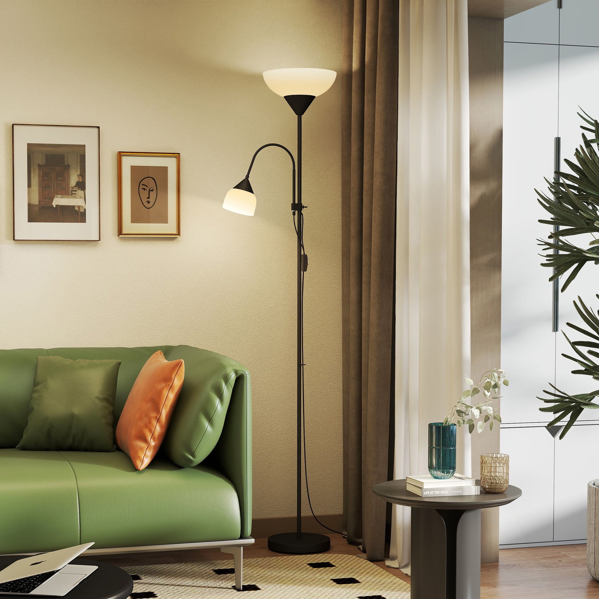 LED Floor Lamp for Living Room, 180cm Tall Standing Lamp, Mother and Child Uplighter with Adjustable Gooseneck, 3000K/4500K/6500K Colour Temperatures, Black