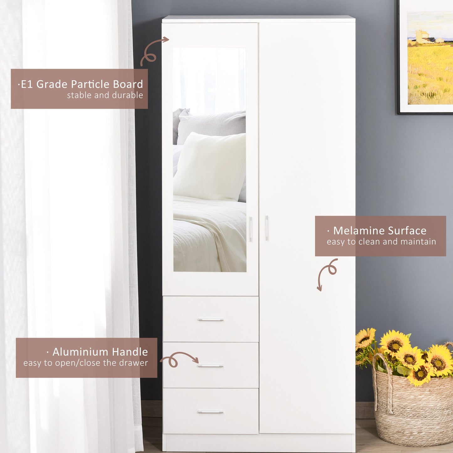 2 Door 3 Drawer Mirrored Wardrobe with Hanging Rail, Modern Clothes Storage Cupboard with Mirror, Drawers and Adjustable Shelves for Bedroom, 80 x 50 x 180 cm, White