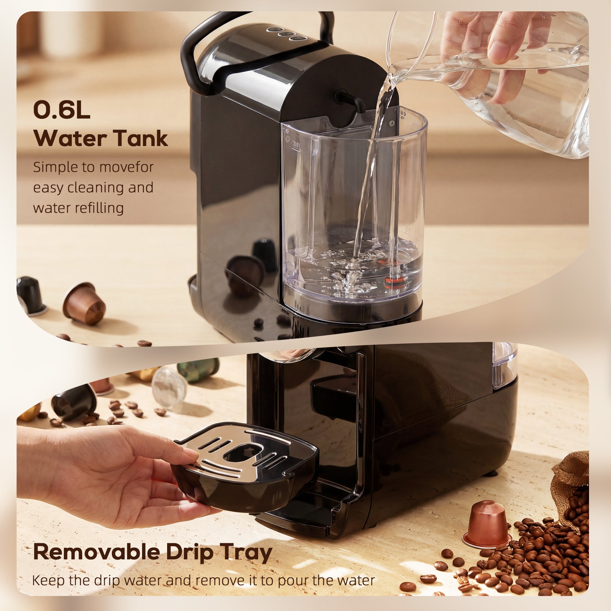 Pod Coffee Machine for Nespresso, Dolce Gusto Capsule & Ground Coffee, Small Semi Automatic Coffee Maker, 19 Bar, 0.6L