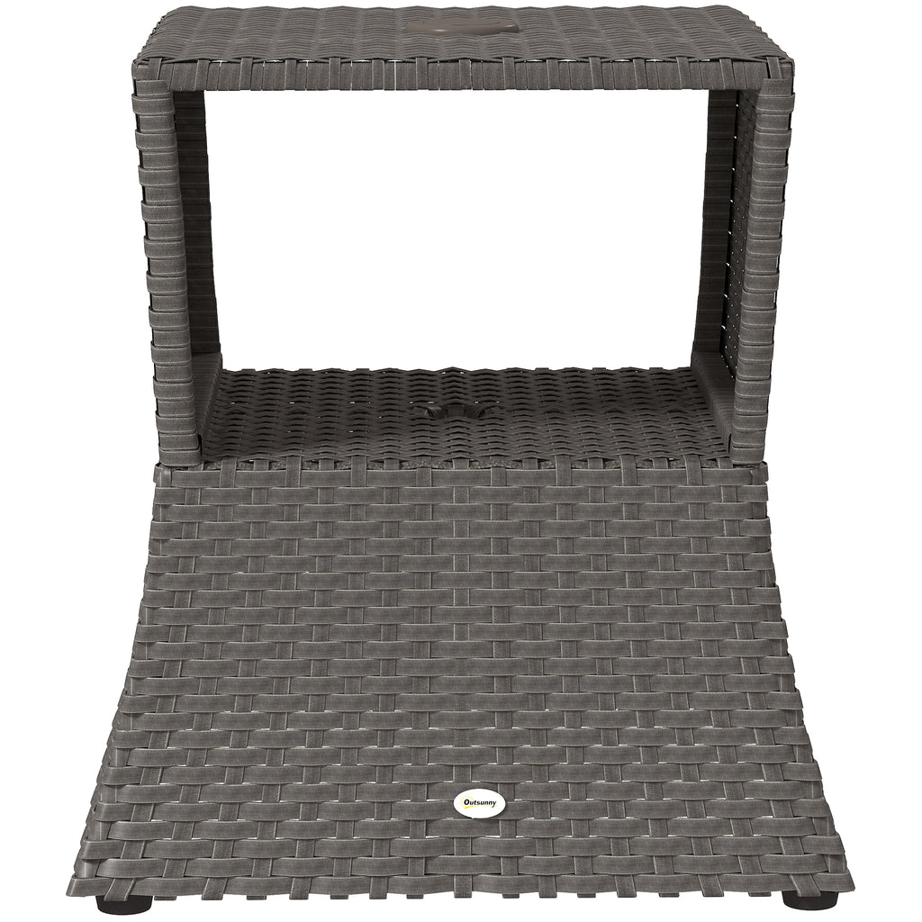 Outsunny Rattan Outdoor Coffee Table, Wicker Garden Patio Bistro Side Table with Umbrella Hole and Storage Space, Dark Grey