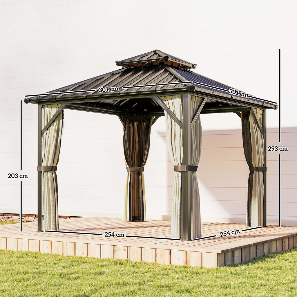 Outsunny 3x3 m Hardtop Gazebo Canopy with UPF50+ Double Galvanised Steel Roof, Aluminium Garden Gazebo Permanent Pavilion, Brown