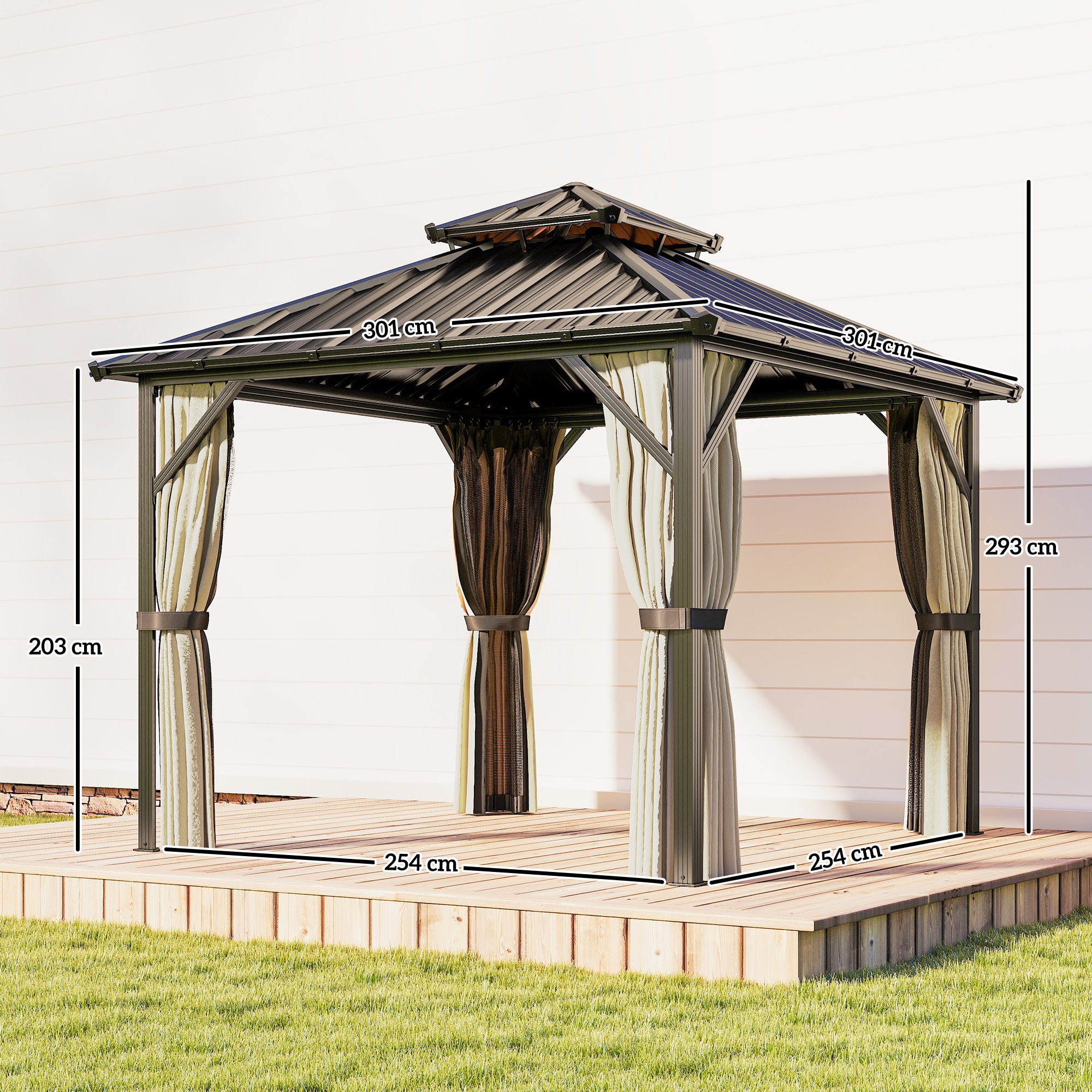 Outsunny 3x3 m Hardtop Gazebo Canopy with UPF50+ Double Galvanised Steel Roof, Aluminium Garden Gazebo Permanent Pavilion, Brown