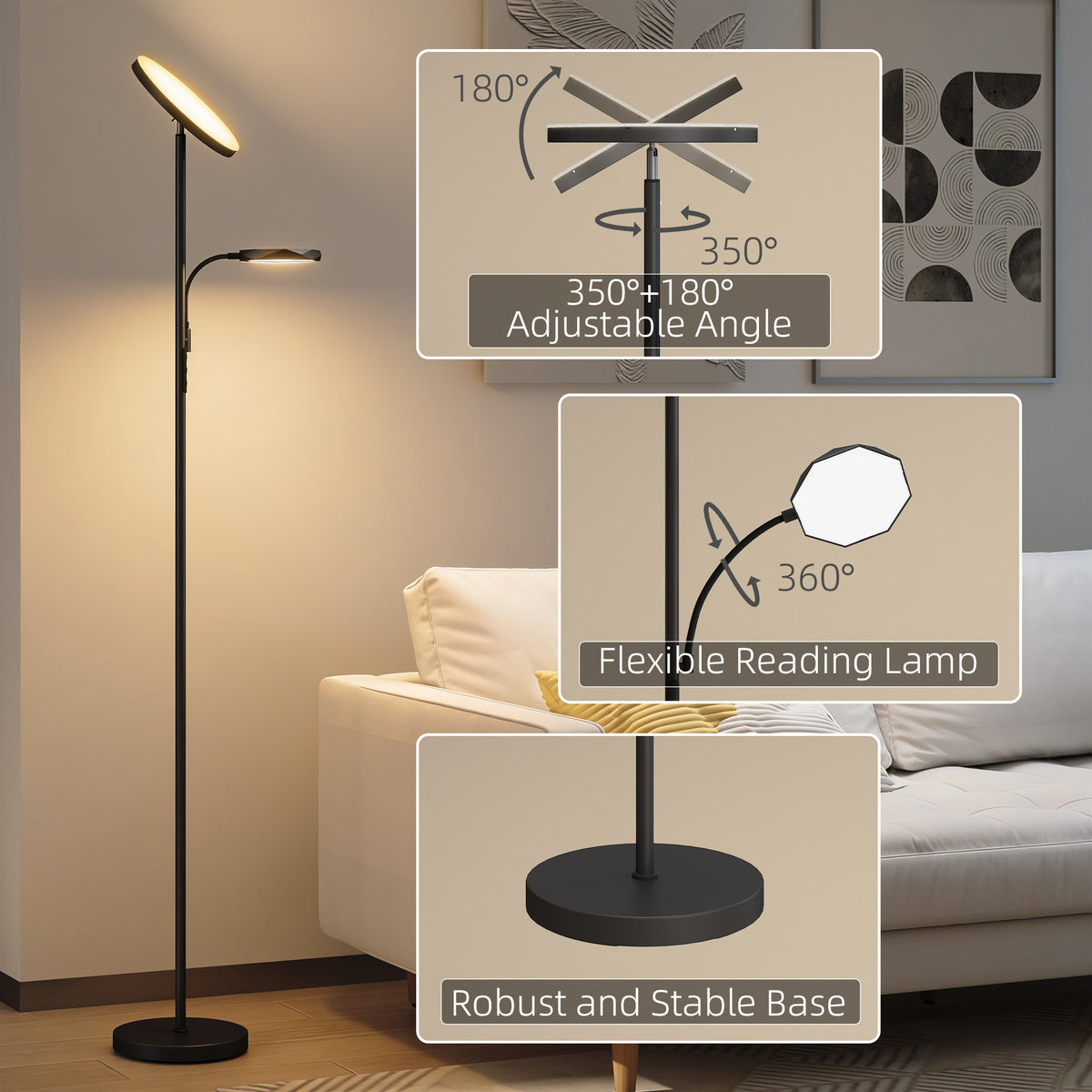 LED Floor Lamp for Living Room, Stepless Dimmable Standing Lamp, Mother and Child Uplighter with Reading Light, 4 Scene Modes, 2700K-6500K Colour Temps, 4 Brightness Levels, Remote Control