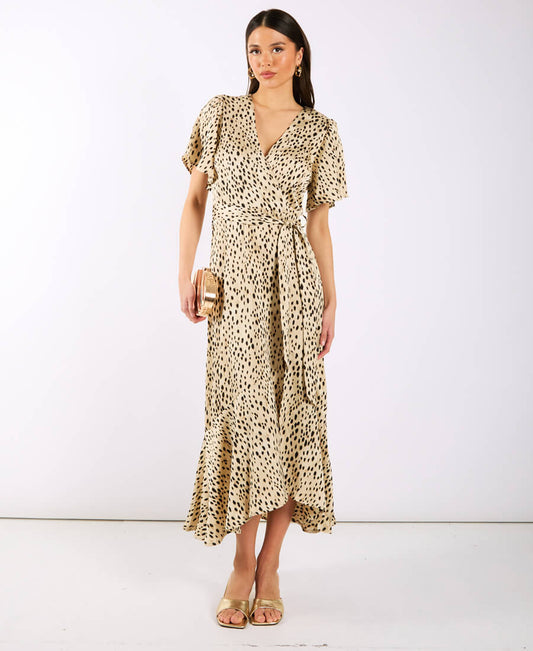 Cream Animal Printed Satin Wrap Midi Dress