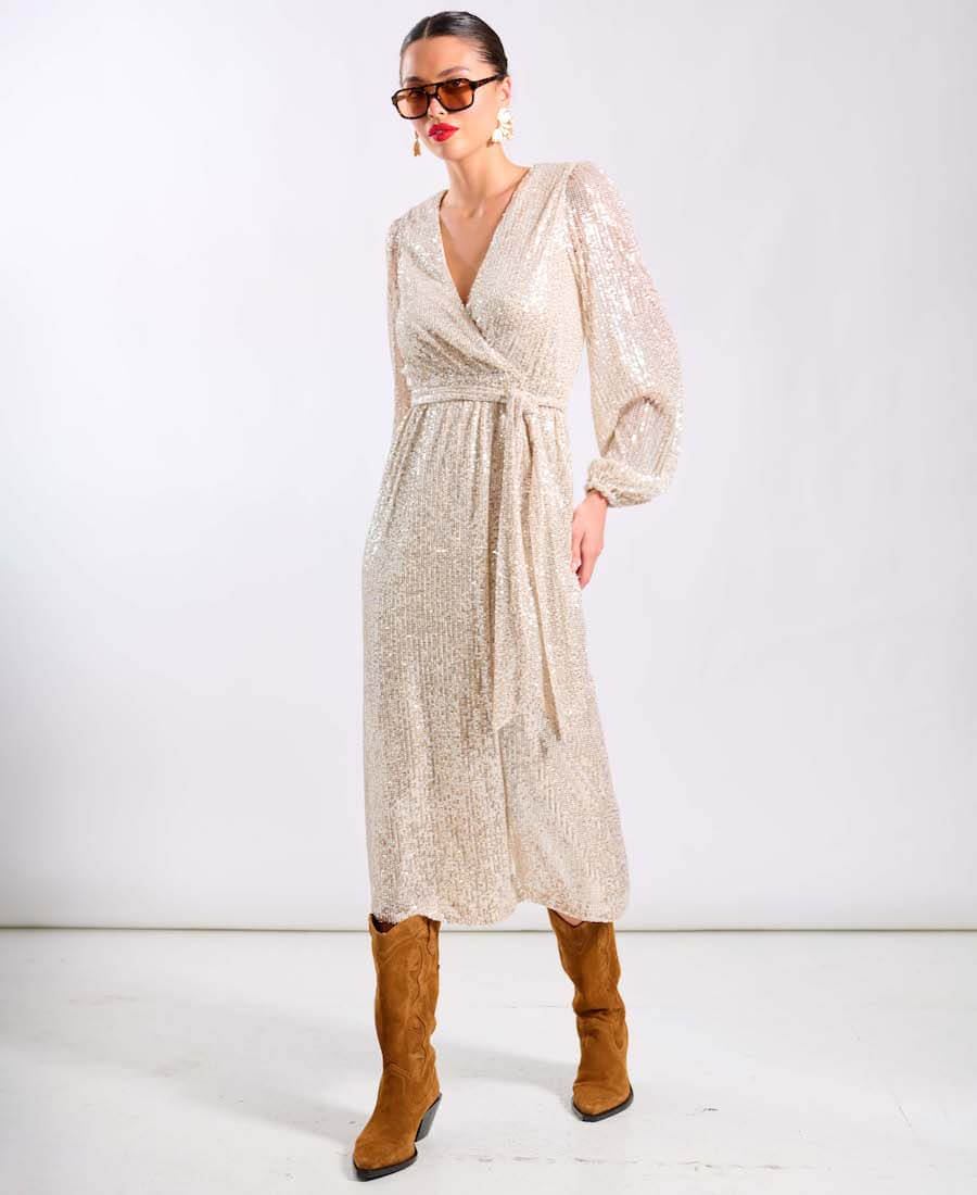 Cream Sequin Wrap Midi Dress