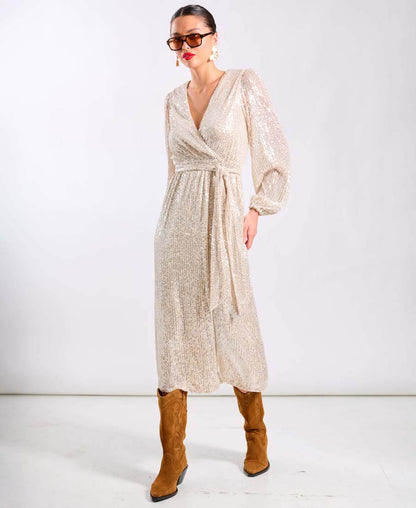 Cream Sequin Wrap Midi Dress