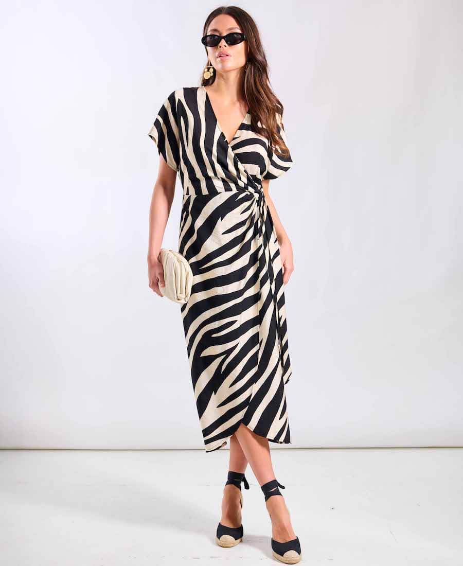 Cream Animal Viscose Wrap Midi Dress