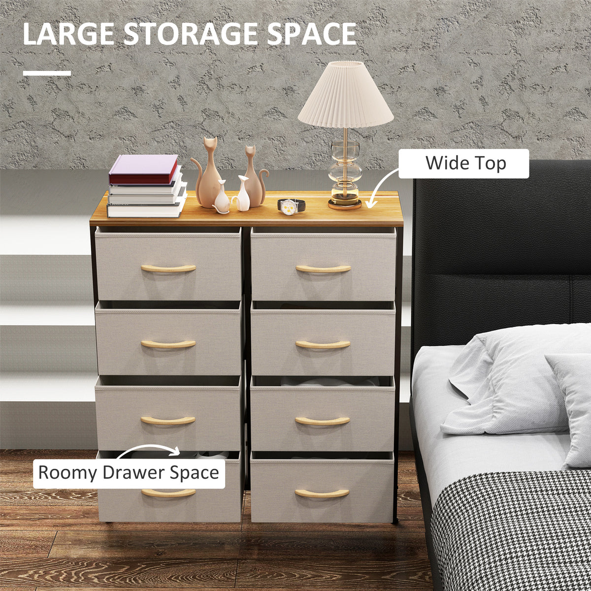 Fabric Chest of Drawers, Industrial Bedroom Dresser with 8 Fabric Drawers, Steel Frame and Wooden Top for Nursery, Living Room, Hallway, Cream White
