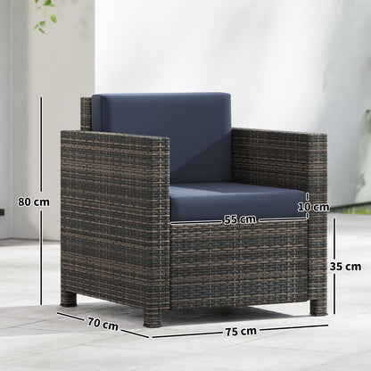 Outsunny PE Rattan Garden Armchair with Cushion - Mixed Brown/Navy Blue