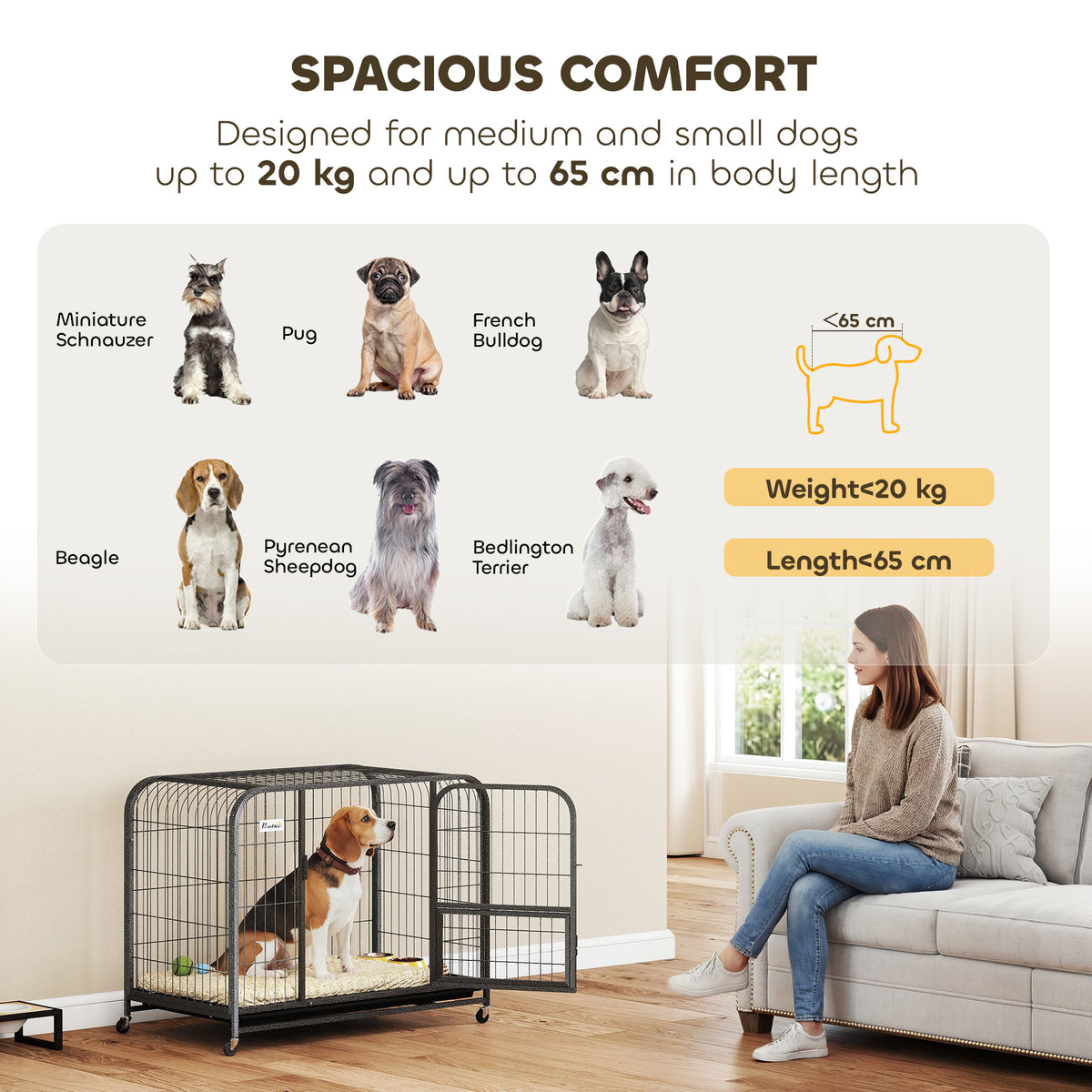 PawHut Heavy Duty Dog Crate,93 x 58 x 76 cm, Large Dog Cage for Small to Medium Breeds