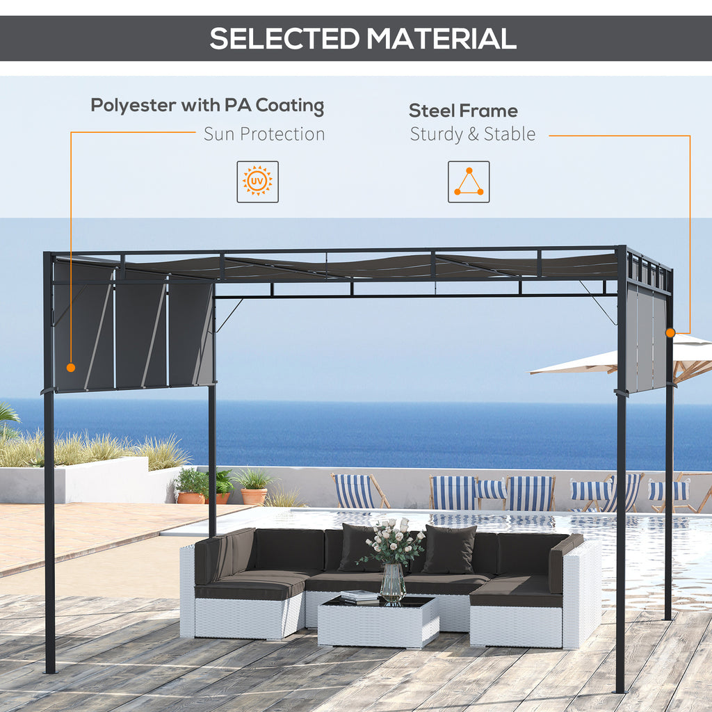 Outsunny 3 x 3(m) Steel Pergola Gazebo with Sliding Roof, Garden Gazebo Canopy Sun Shade Shelter for Outdoor, Deck, Patio, Dark Grey