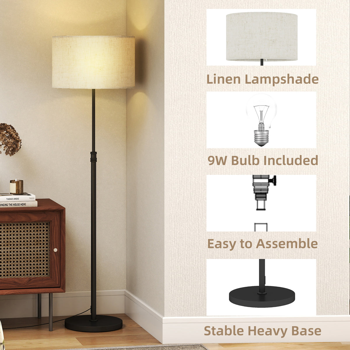 Floor Lamp with Remote, Height Adjustable Standing Lamp with Linen Shade, Dimmable with 3000K-6000K Adjustable Colour Temperatures, Foot Switch for Living Room Bedroom Office, Black