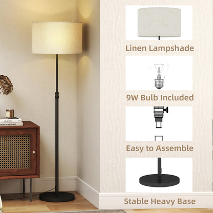 Floor Lamp with Remote, Height Adjustable Standing Lamp with Linen Shade, Dimmable with 3000K-6000K Adjustable Colour Temperatures, Foot Switch for Living Room Bedroom Office, Black