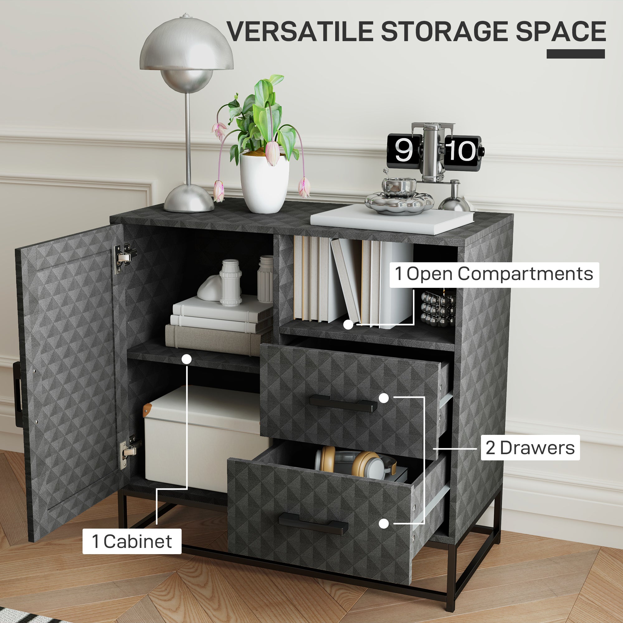 HOMCOM Sideboard with Adjustable Shelf, Freestanding Sideboard Storage Cabinet with Open Compartment and 2 Drawers, Grey
