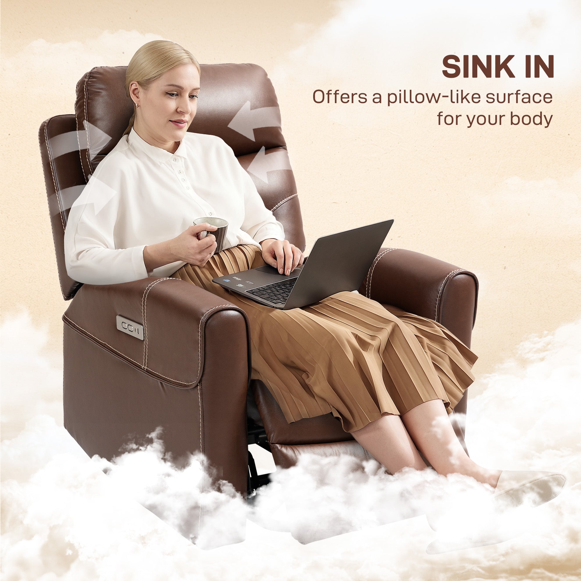 HOMCOM Power Lift Recliner Chair for Elderly, Overstuffed Faux Leather Riser and Reclining Chair with USB A+C Ports, Recliner Armchair for Living Room, Brown