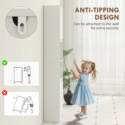Narrow Bathroom Cabinet, Slim Bathroom Storage Unit with Open Compartment, Freestanding Storage Cupboard with Adjustable Shelves for Small Spaces, 30 x 24 x 170 cm, White