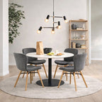 Codey Round Dining Table with White Polished Marble Top & Black Base includes 4 Matilda Dining Chairs in Grey/Oak