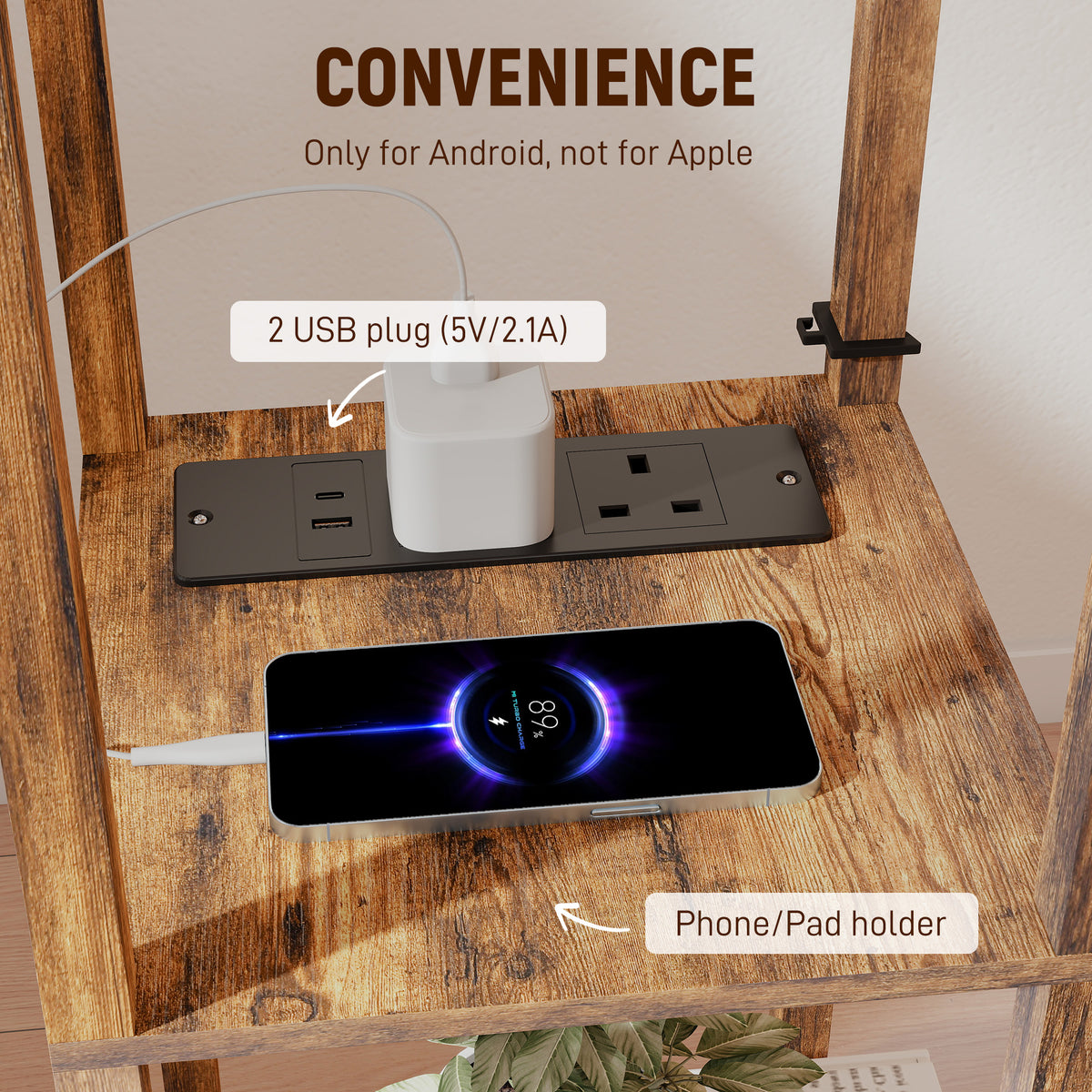 Floor Lamp with Shelves, 4 Layer Standing Lamp with USB Ports, 3 Colour Temperature, Rustic Brown