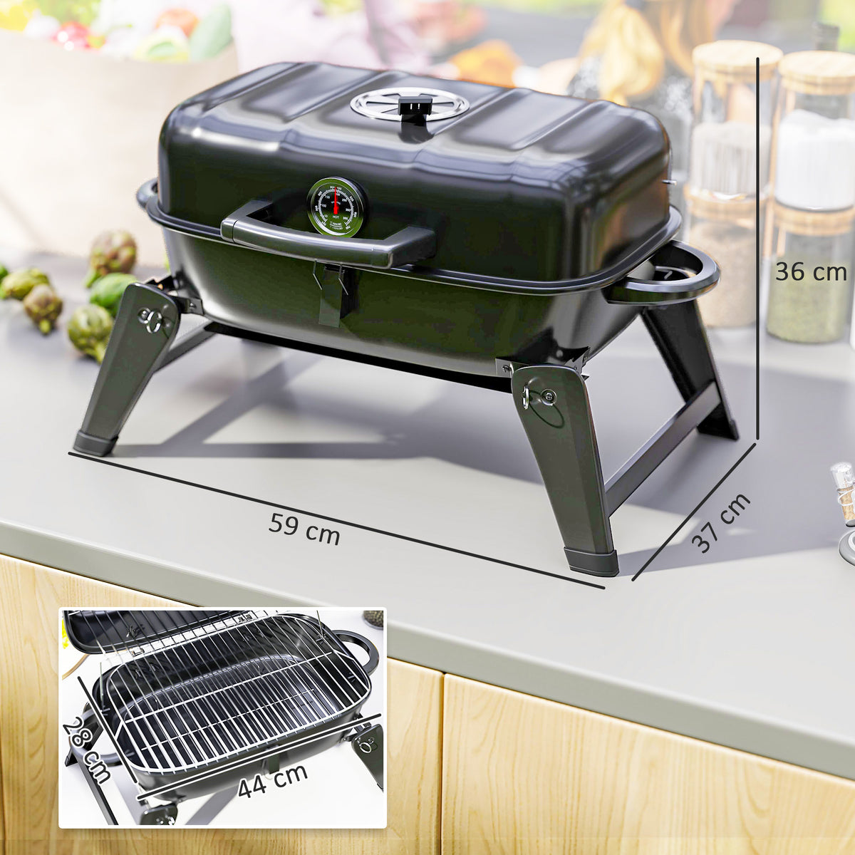 Outsunny Charcoal Barbecue Grill Folding Portable BBQ Grill for Camping with 1232 cm² Cooking Area, Adjustable Vent, Thermometer, Handles for Picnic, 59 x 37 x 36 cm, Black