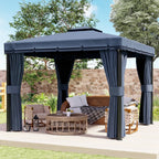 Outsunny 3 x 3(m) Patio Gazebo Canopy Garden Pavilion Tent Shelter Marquee with 2 Tier Roof, Netting and Curtains, Dark Blue