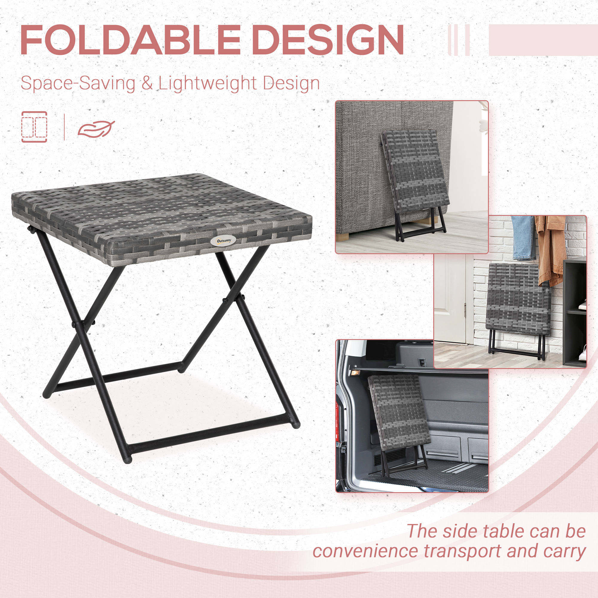 Outsunny Square PE Wicker Rattan Folding Table,Weather Resistant Wicker Weave Side Table with Steel Frame, Grey
