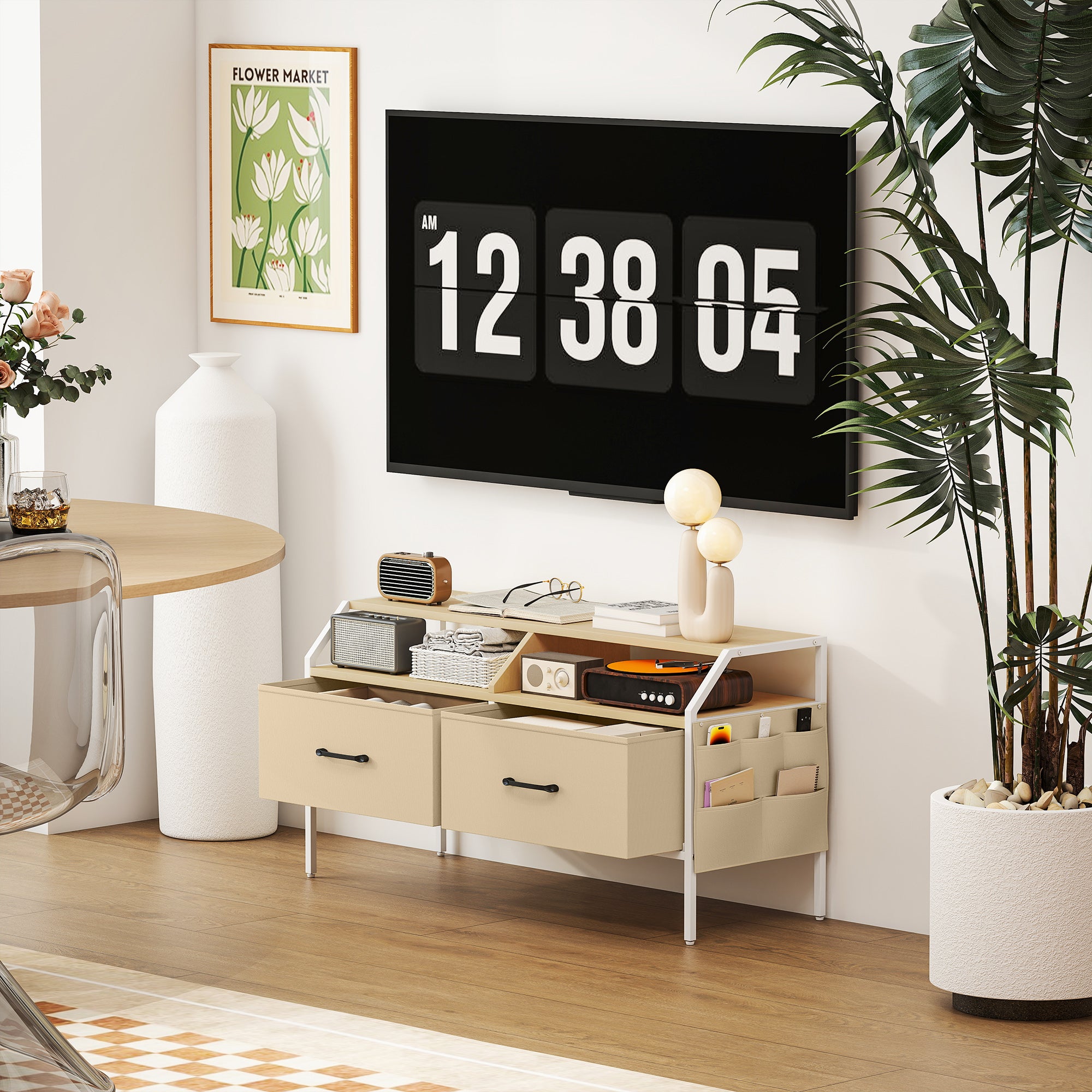 Industrial-Style TV Stand Cabinet - Natural Wood Finish