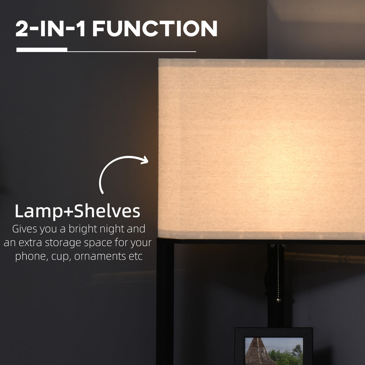 Corner Floor Lamp with Shelves, Tall Standing Lamps for Living Room, with Pull Chain Switch Bulb not Included, Black