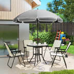 Outsunny 4 Seater Garden Furniture Set, 6 Pieces Garden Table and Chairs with Parasol, Outdoor Garden Dining Set with Folding Chairs and Round Glass Top Table for Patio, Cream White