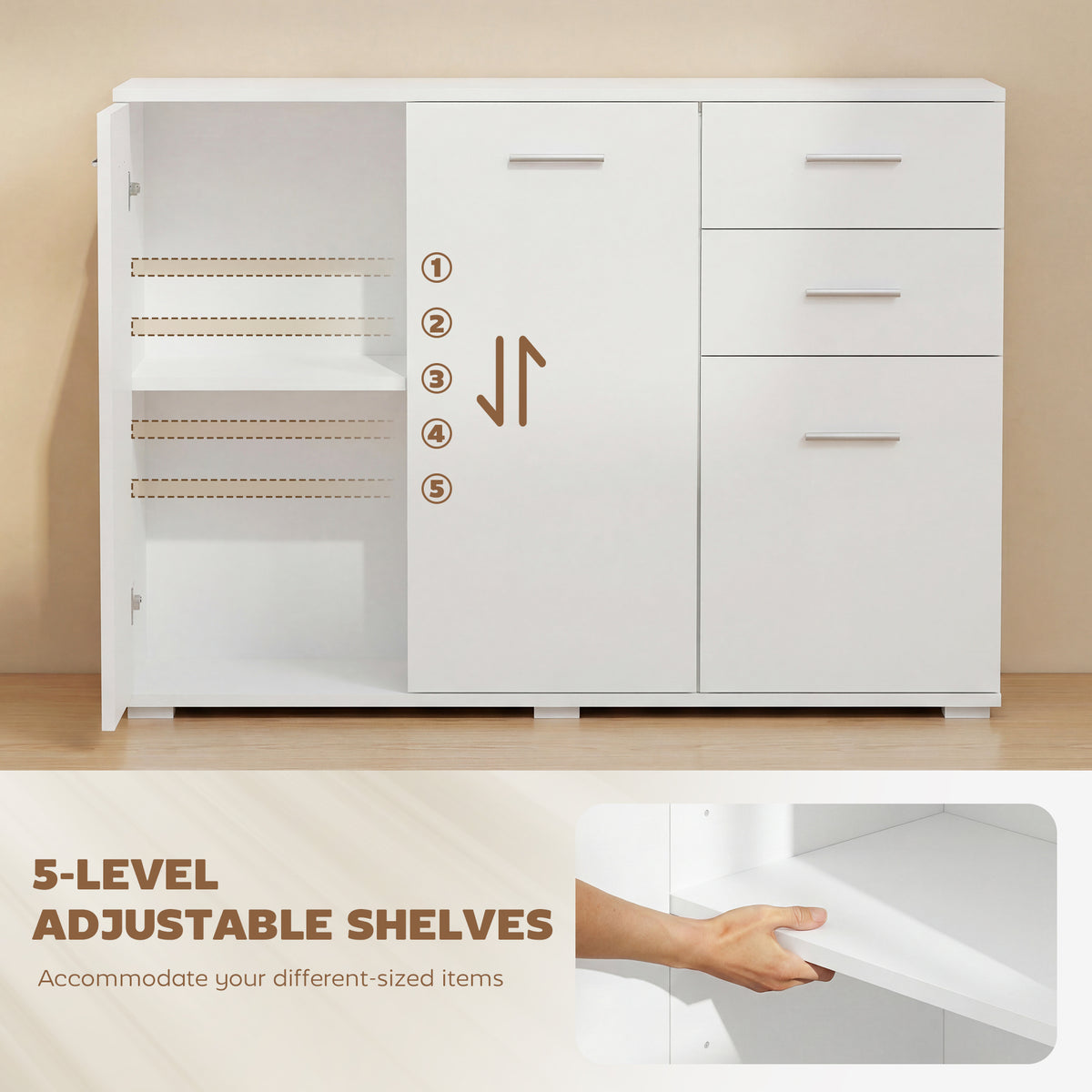 Sideboard, Modern Storage Cabinet with 2 Drawers, 3 Doors and Adjustable Shelves, White