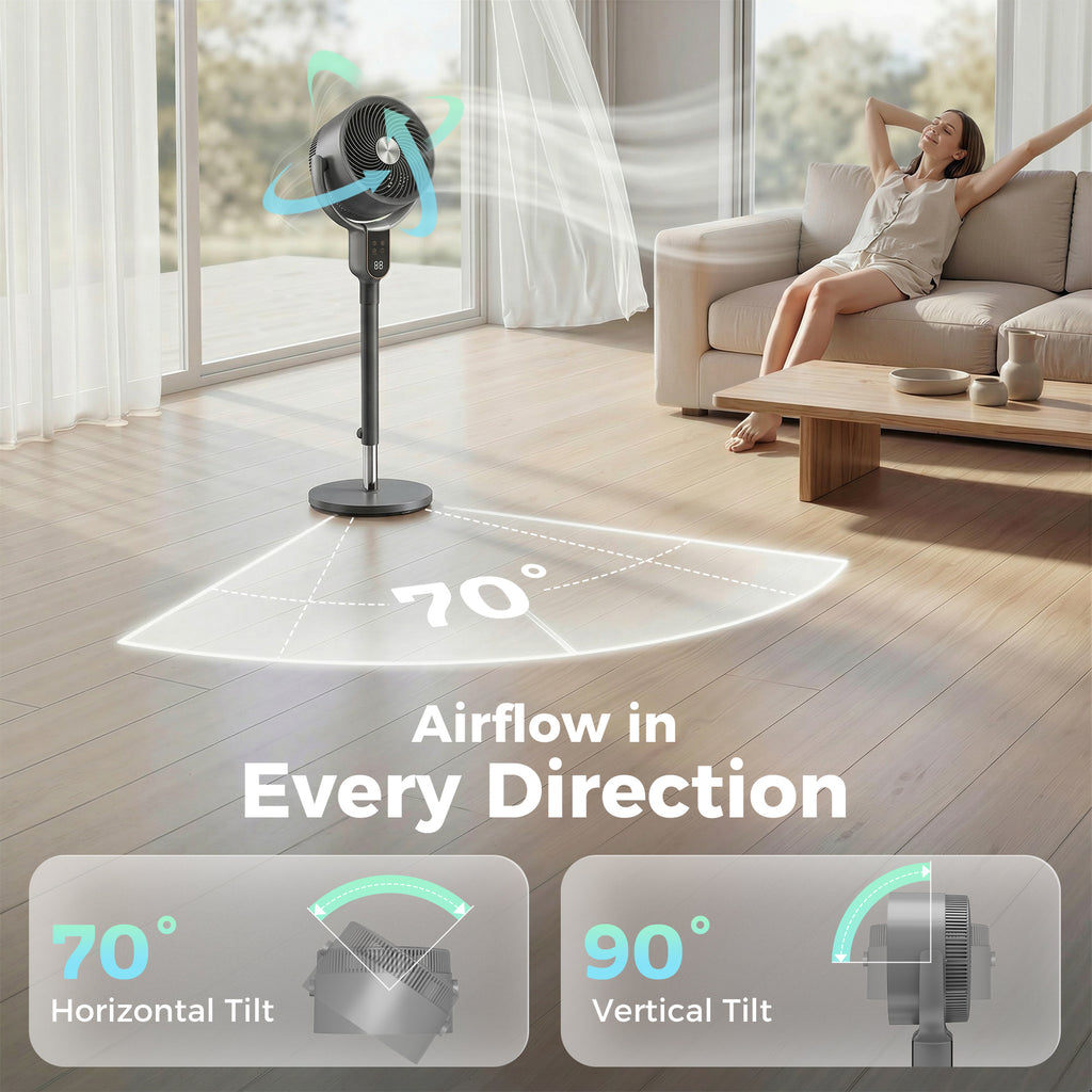20 dB Silent Standing Fan for Bedroom, 42" Pedestal Fan with Remote, 90° Oscillating, 8 Speeds, Remote Control, Grey