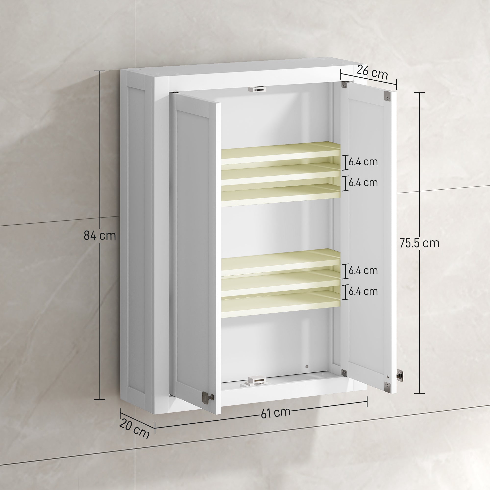 HOMCOM Bathroom Wall Cabinet with Adjustable Shelves - White
